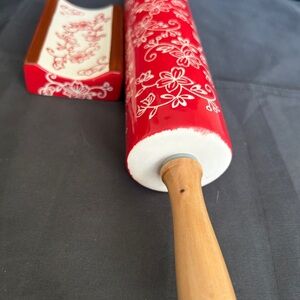 Red Floral Rolling Pin with Wooden Handle